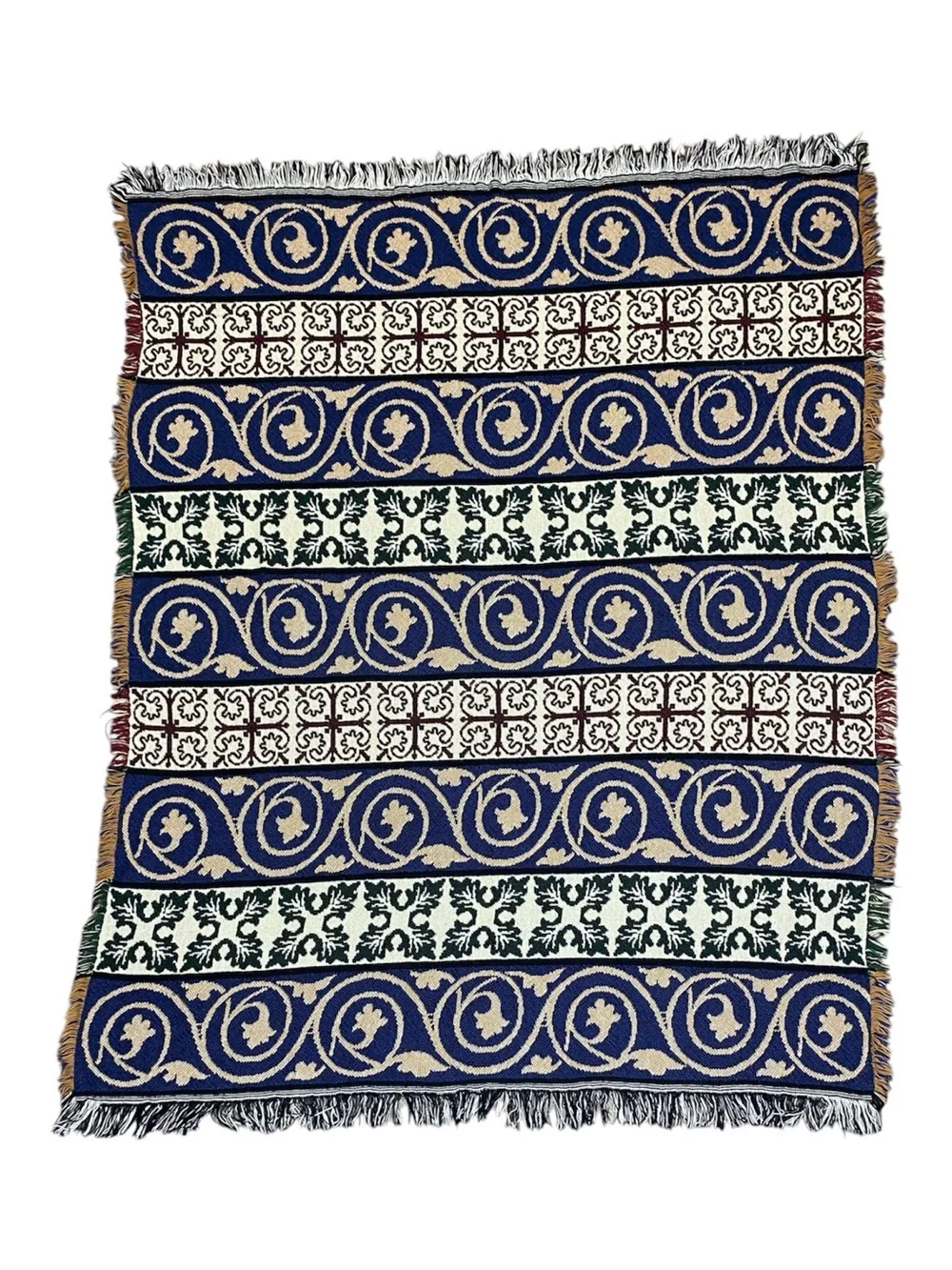 Vintage Scroll Floral Tapestry Woven Fringe Throw Blanket Blue Green 60”X 47”